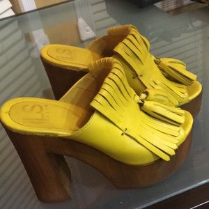 Yellow Leather Fringe Slip On High Heal
